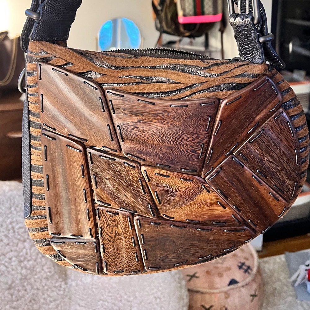 Amazing, Unique Fendi Vintage Wooden Patchwork Lizard Oyster Shoulder Bag